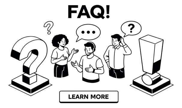 Hand drawn line art isometric illustration of frequently asked questions depicting people receiving support for online help