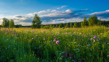 Vibrant summer meadow with wildflowers under a dynamic sky.