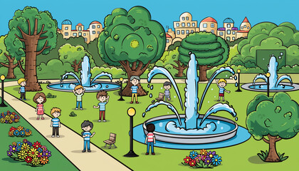 People enjoying a vibrant day in a cartoon park with fountains.