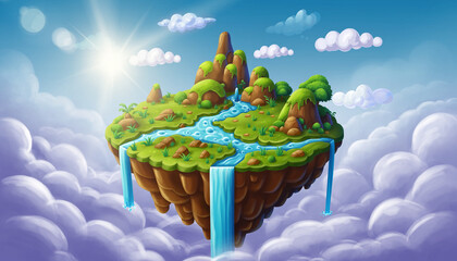 Vibrant floating island with lush greenery and flowing waterfalls.