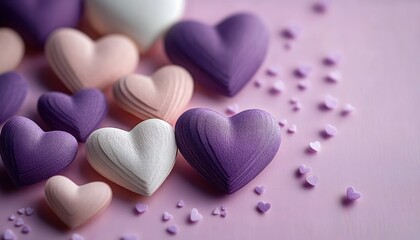 Obraz premium Close-up of textured heart-shaped objects in pastel purple, pink, and white tones on a soft pink surface creating a gentle and romantic atmosphere