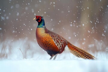 Colorful pheasant standing on snowy ground with snowflakes falling around in a wintery natural setting