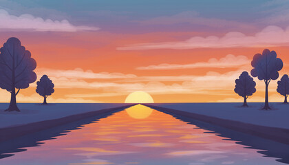 Vibrant Sunset Over a Calm River with Silhouetted Trees.