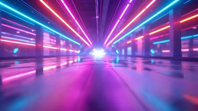 Futuristic corridor with neon lights, creating a vibrant and dynamic perspective.