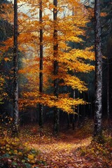 Obraz premium Quiet forest scene with tall trees displaying vibrant orange autumn leaves and a leaf-covered pathway leading into a misty, shadowed background