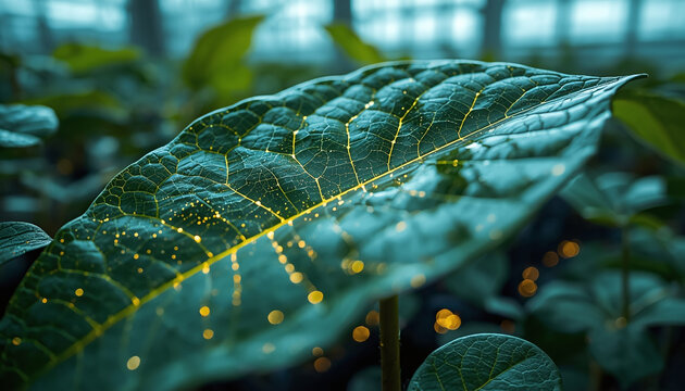 Futuristic Sustainable Energy Concept: High-Tech Solar Cell Integrated into Green Leaf