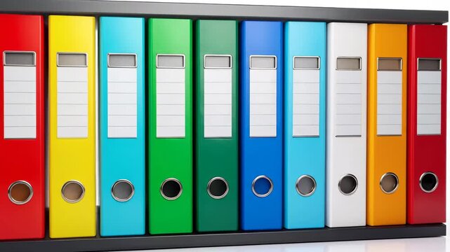 Colorful ring binders arranged neatly on a shelf, perfect for organizing documents.
