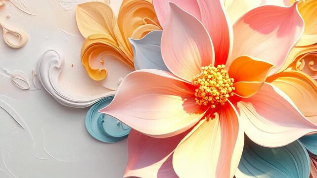Abstract floral composition presents a three-dimensional effect with gentle pastel colors and soft lighting.