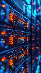 Fototapeta premium Close-up of illuminated server racks in a dim data center, rows of rackmount hardware with glowing blue and orange LEDs and blurred bokeh, conveying a futuristic intense atmosphere