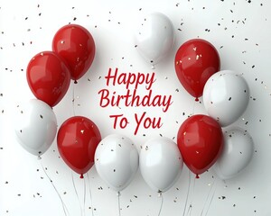 red and white party balloons with gold confetti surrounding a cheerful birthday greeting