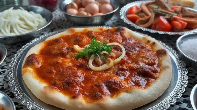 Delicious Lahmacun: Traditional Turkish Pizza with fresh ingredients served on silver trays