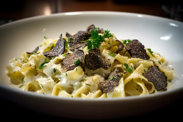 Delightful Tagliatelle Pasta Dish with Black Truffle Garnish and Creamy Sauce Presentation in Elegant Bowl