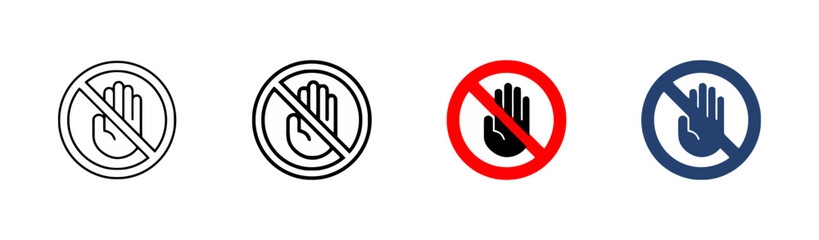 Collection of four different no symbol icons including a hand gesture in outline solid red and blue circle with diagonal line overlay representing stop prohibition warning or restriction warning icons