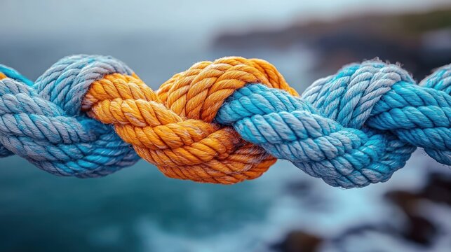 close-up of intertwined blue and orange braided rope knot over a blurred coastal seascape conveying strength and connection