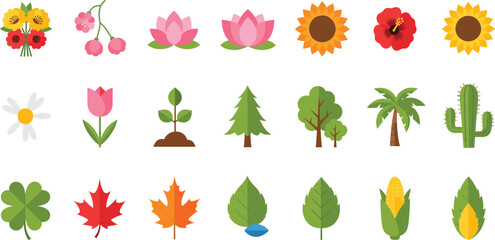 Obraz premium Collection of colorful botanical icons featuring flowers, trees, leaves, clover, corn, cactus, and palm plants