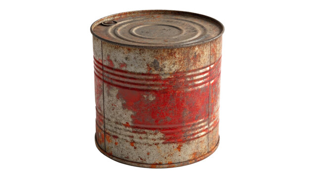 A very old, rusty, and weathered tin can with a faded red label, isolated on a transparent background
