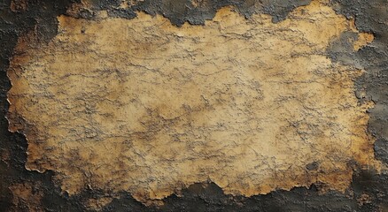 Naklejka premium close-up view of old cracked and weathered beige wall with peeling paint and dark burnt edges