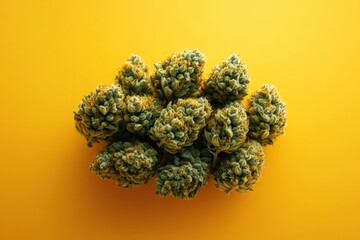 Close-up of green cannabis buds with orange pistils against a bright yellow background