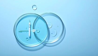 A transparent glass of water sits beside medical laboratory test tubes containing clear and blue liquid isolated on a white background for research