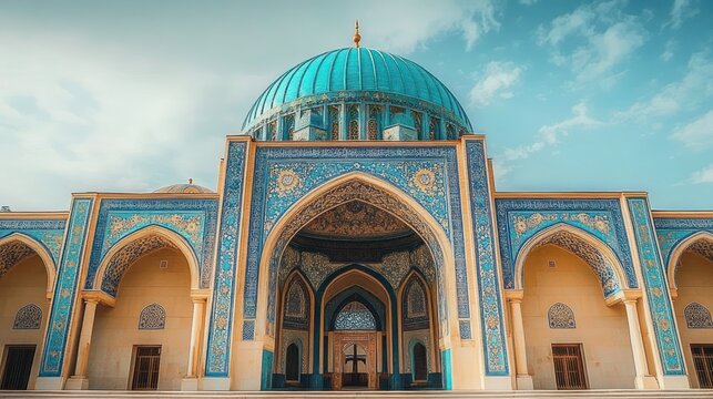 Majestic turquoise domed mosque with intricate blue and gold tilework, grand arched iwan entrance and serene symmetrical colonnades beneath a clear sky