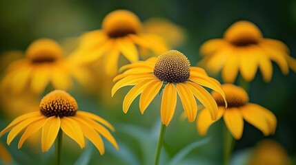 vibrant yellow coneflowers with drooping petals and textured brown centers against a soft green bokeh background, evoking warm peaceful summer cheer