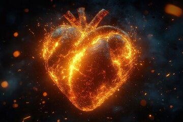 Obraz premium anatomical heart of molten fire glowing with embers and sparks against a smoky dark background, conveying intense passion and burning energy