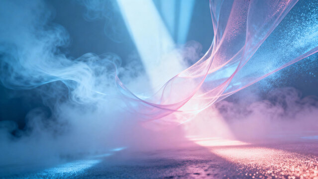 Abstract light beams and colorful smoke over a reflective surface with glowing particles