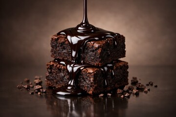 Obraz premium Chocolate Brownie Indulgence: A delectable duo of fudgy brownies, drenched in a rich, velvety chocolate ganache, tempts with its irresistible appeal. A culinary masterpiece of texture and taste