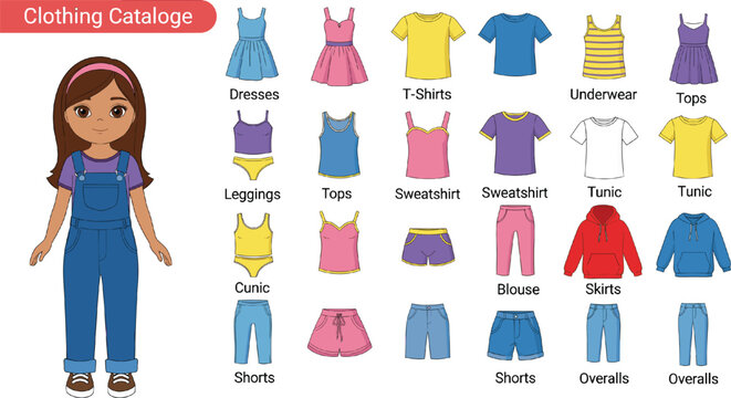 Girl paper doll with clothing catalogue set featuring various dresses t-shirts sweatshirts shorts and overalls for kids activity isolated on grey background