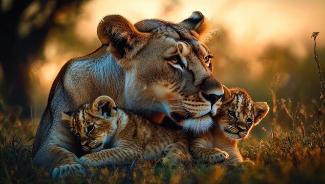 lioness and two cubs snuggling in tall grass at golden sunset, a tender protective family moment