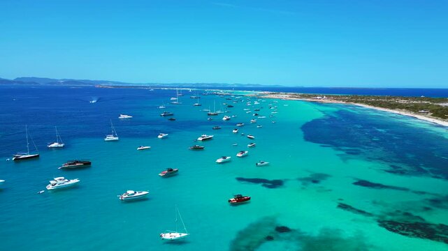 high society island with many yachts and sailboats. Fantastic aerial view drone