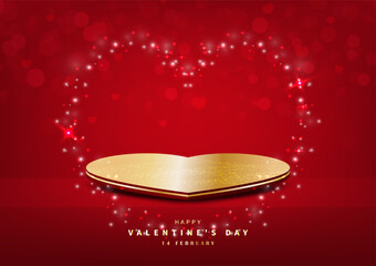 Luxury Valentine's Day podium with gold heart pedestal on red background. Vector illustration.