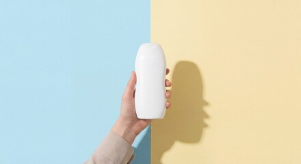Obraz premium Hand holding a white cosmetic bottle on a split blue and yellow background with sharp shadows, modern minimalist style