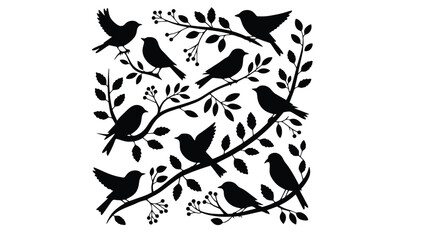 Naklejka premium A black silhouette of birds sitting on tree branches with leaves
