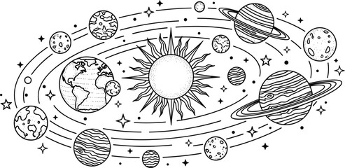 Hand drawn solar system illustration with sun planets stars orbit lines black white space astronomy doodle design collection © Art_By_Aktarina