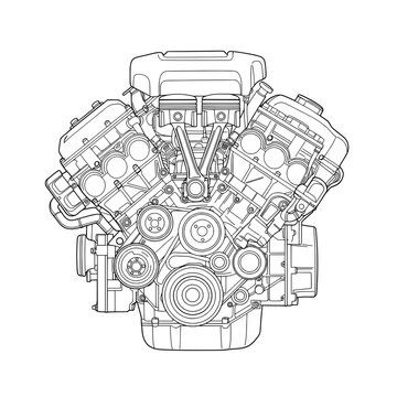 Engine block depiction in an illustration with parts rendered in line art