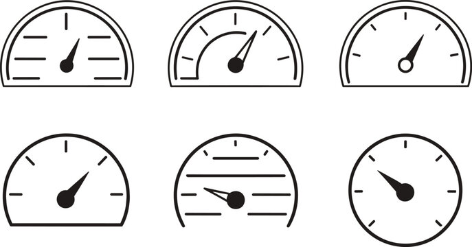 Black and white speedometer gauge icons showing different dial styles, needle positions, and semicircle meter designs in vector format