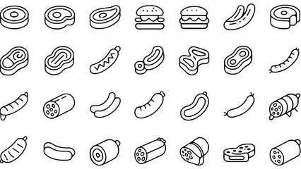A collection of line art icons representing various meat products and burgers is displayed.
