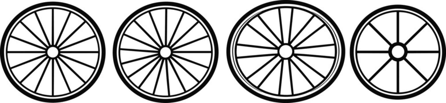 Black and white bicycle wheel icons with different spoke styles, rim thicknesses, and circular outlines in minimalist vector design