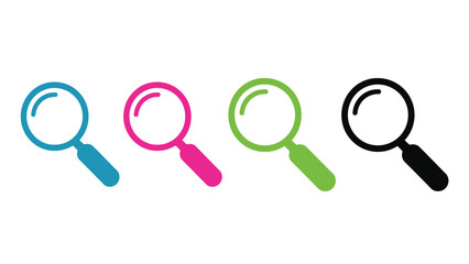 Four magnifying glasses in a row on a white background for investigation and research