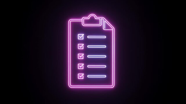 A glowing neon checklist on black background