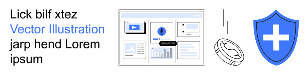 Fototapeta premium Cybersecurity, data protection, online services, healthcare, technology, digital economy. Shield with medical cross, interface panels and a digital coin. Cybersecurity and data protection concept