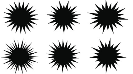 A set of black starburst shapes on a white background