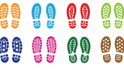 A colorful collection of shoe sole footprints in various designs and patterns