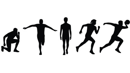 A group of athletic silhouettes in various dynamic running and jumping poses
