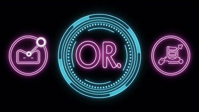Neon graphic of circles, icons, and "OR" against black