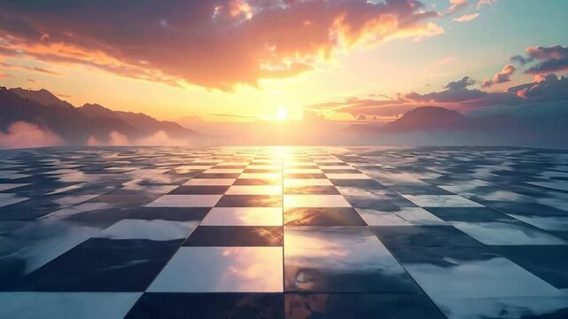 Abstract checkerboard surface reflecting a vibrant sunset over distant mountains, creating a surreal landscape.