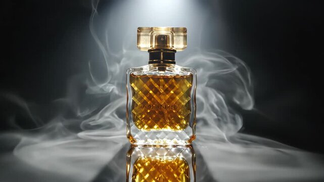 Luxury Amber Perfume Bottle with Golden Cap Surrounded by Wisps of Smoke Dramatic Spotlight Lighting