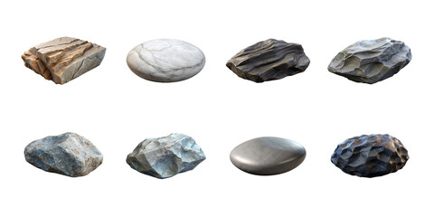 Collection of eight diverse geological rock specimens featuring varied textures shapes and mineral compositions on transparent background