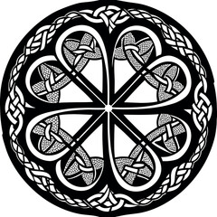 Celtic Knot Mandala with Shamrock Hearts in Black and White isolated  on White Background.